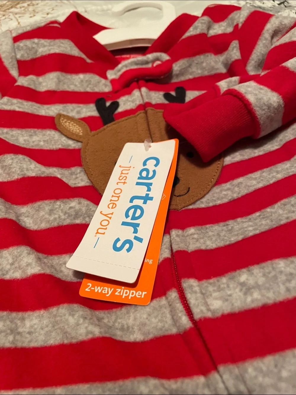 Carter's Red & Gray Striped Reindeer Footed One-Piece 6 months